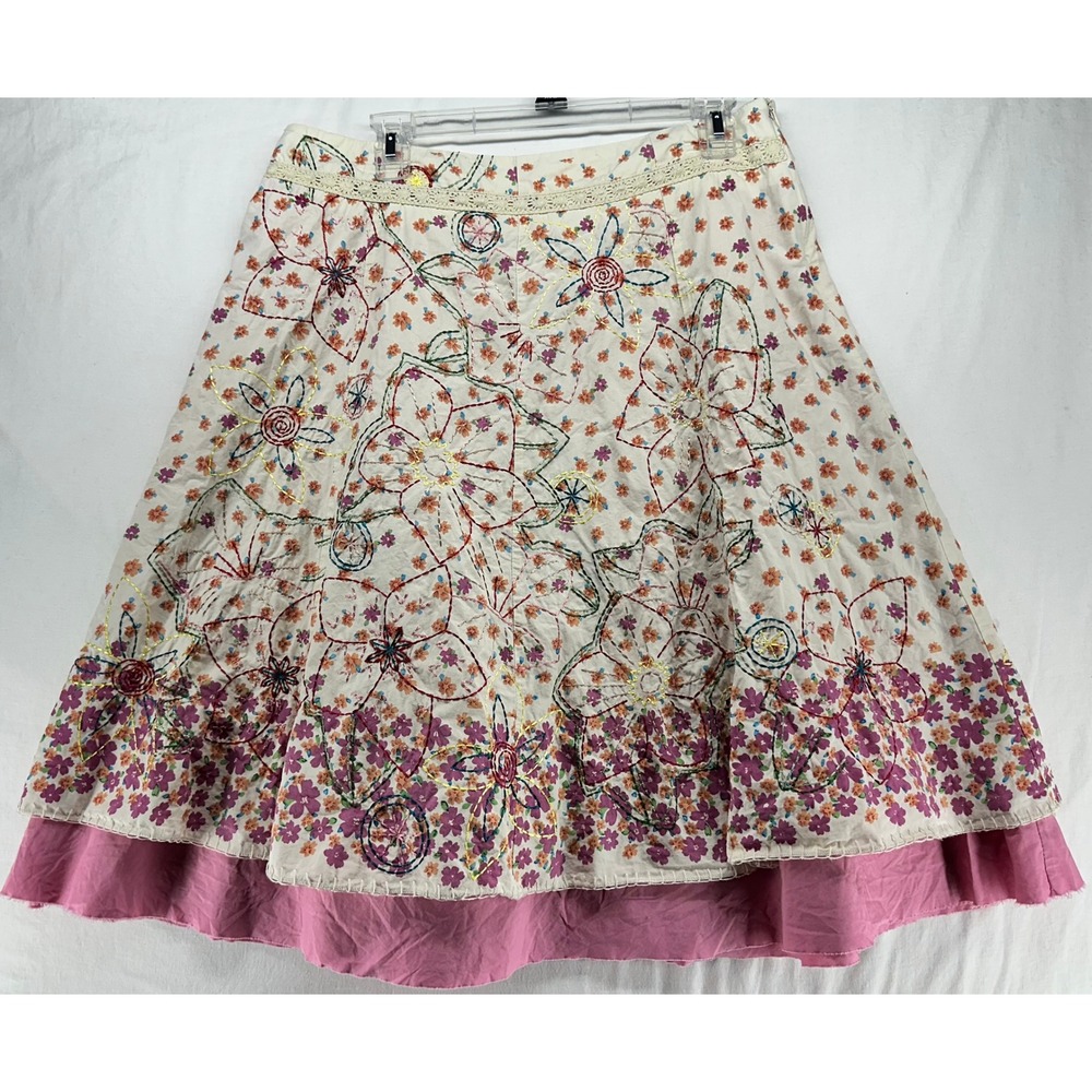 Hazel Hazel Floral Embroidered Cotton Midi Skirt Ivory Pink Boho Tiered Size M
